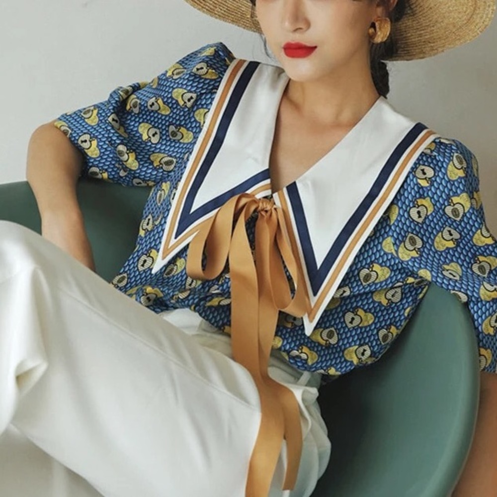 Blouse heart lock bow blue womens top collar runway fashion